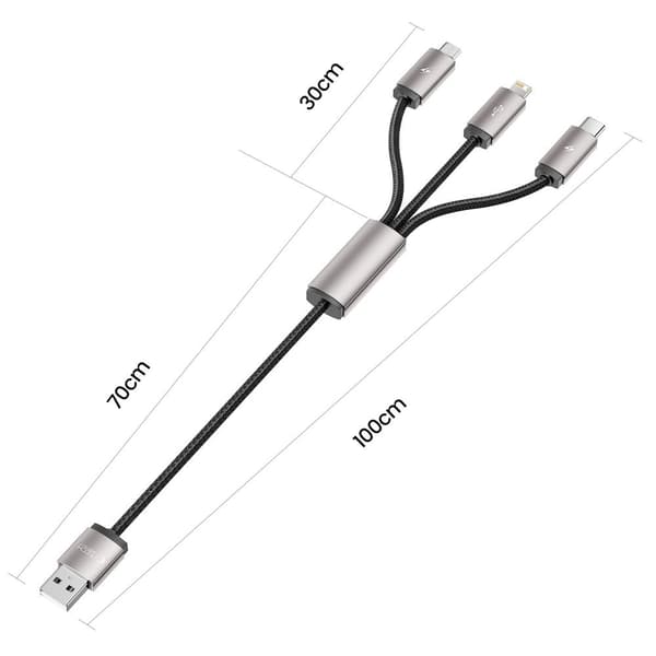 3-i-1 USB-A - Lightning / USB-C / micro-USB-kabel 1m - grå