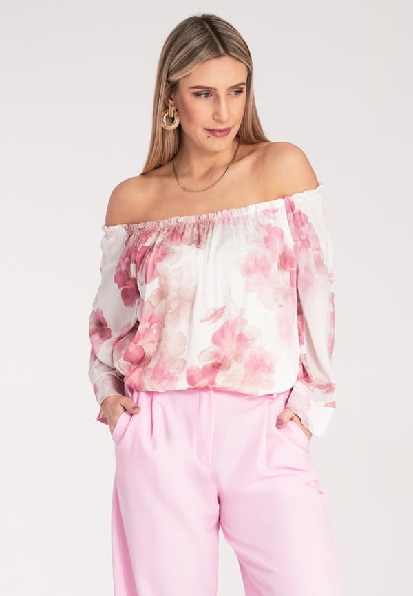Blommig blus med puffärmar rosa S/M