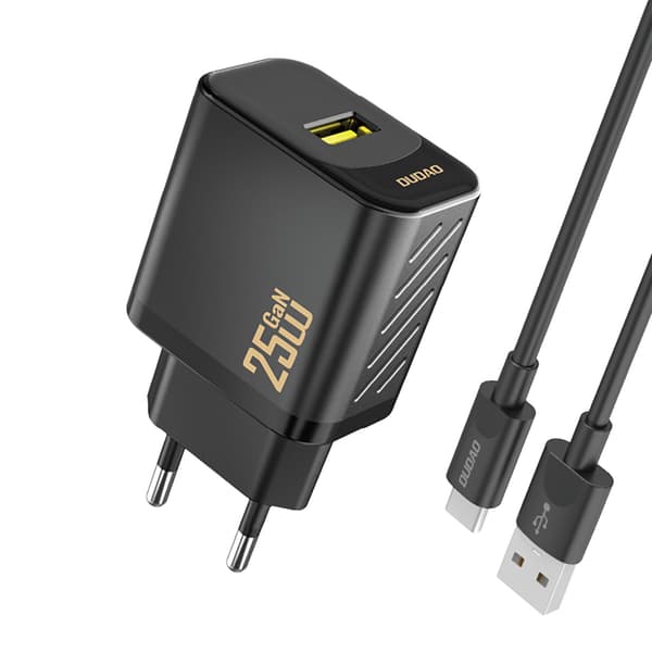 USB-A vægoplader med USB-A - USB-C GaN-kabel 25W - Sort
