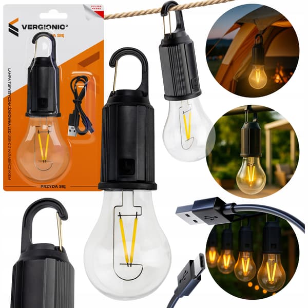 VERGIONIC LED USB-C 2700K campinglampa med karbinhake