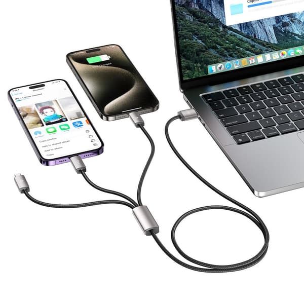 3-i-1 USB-A - Lightning / USB-C / micro-USB-kabel 1m - grå