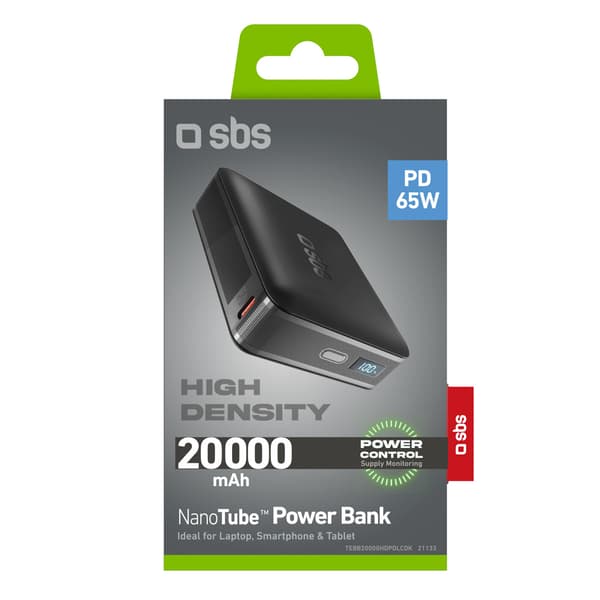 Powerbank med LCD-display 20000mAh USB-C 65W - sort