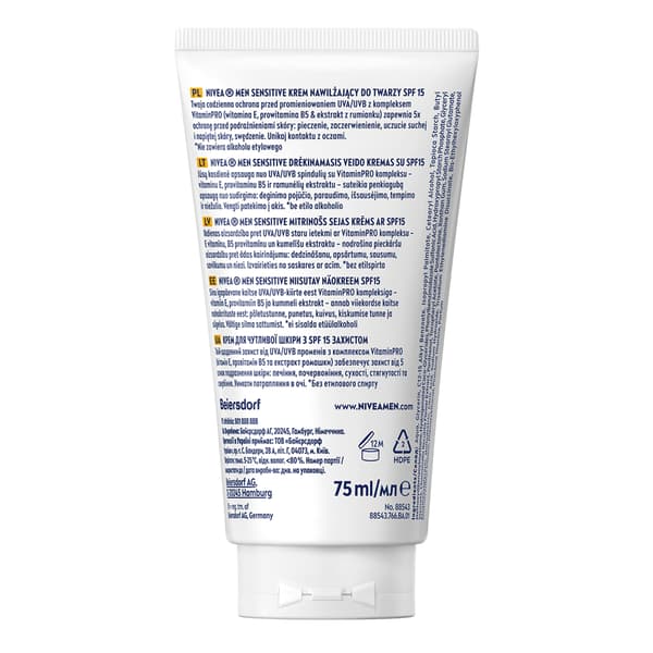 Nivea MEN Sensitive Soothing -kosteusvoide miehille SPF 15, E- ja B5-vitamiini, 75 ml