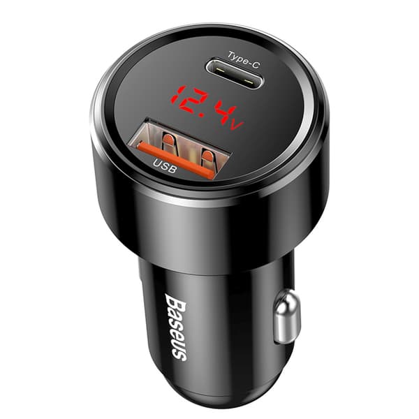 Biloplader med display USB-A USB-C 45W - Sort