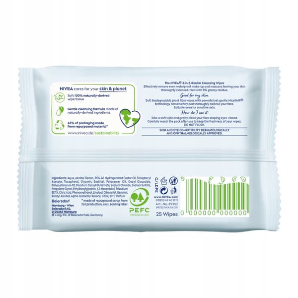 Nivea Caring Micellar rensewipes 3-i-1 til makeup-fjernelse 25 stk.