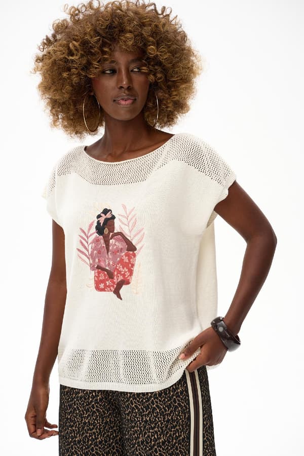 Damebluse med gedemønster, ecru, 40/42