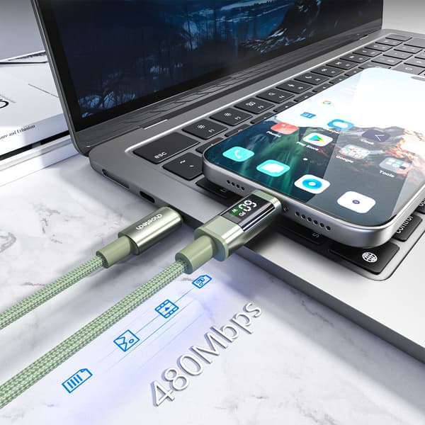 USB-C-kabel med display PD 60W 1,2m - Grøn