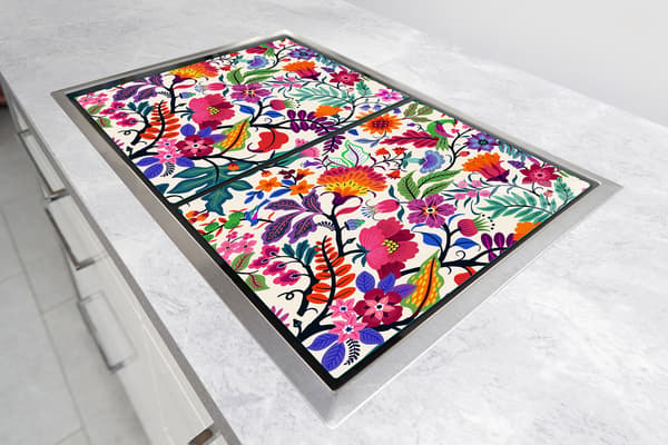 GLASSKYDDSPLÅT FÖR SPIS 85x52 BLOMMOR
