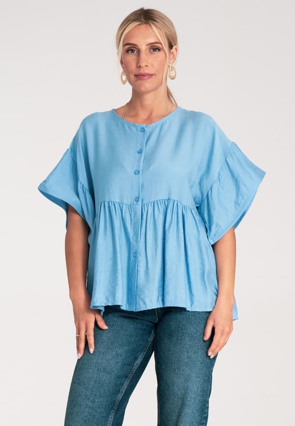 Bluse med flæser - dameskjortebluse - blå bluse størrelse S/M