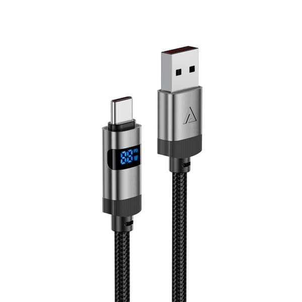 USB-A - USB-C kabel med display 480Mb/s 66W 1,2m - sort