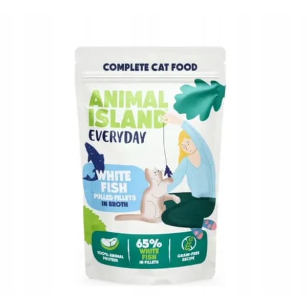 Vådfoder til katte ANIMAL ISLAND hvid fisk i bouillon 40x85g