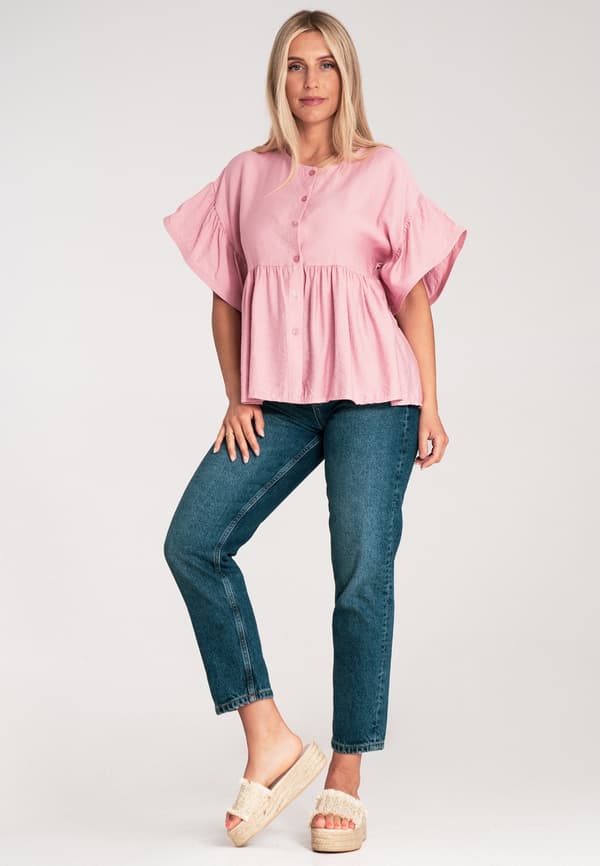 Bluse med flæser - Damebluse - Lyserød bluse M1211 størrelse S/M