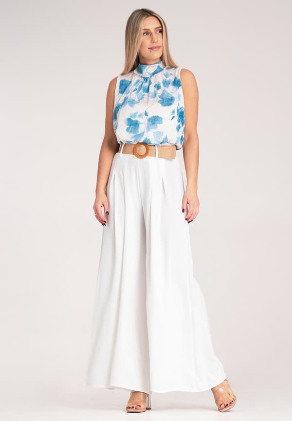 Elegant ærmeløs bluse - Elegant blomsterbluse - Blå bluse størrelse S/M