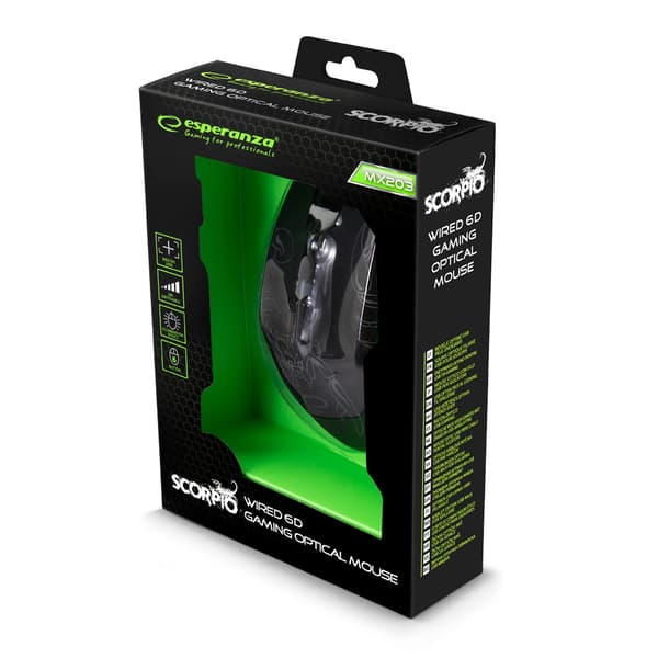 EGM203B TRÅDBUNDEN SPELMUS 6D OPT. USB MX203 SCORPIO BLÅ