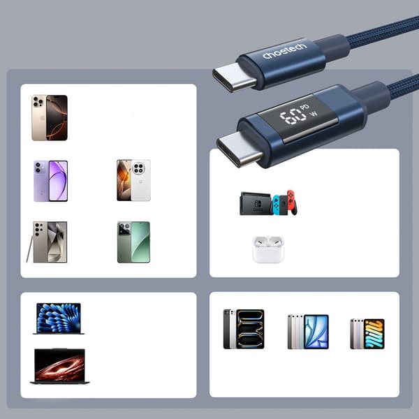 USB-C-kabel med display PD 60W 1,2m - Blå