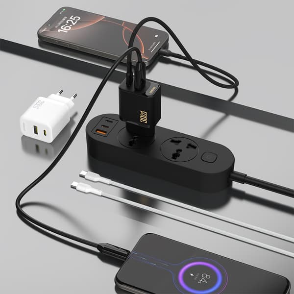 USB-A USB-C GaN PD 30W Vægoplader - Sort