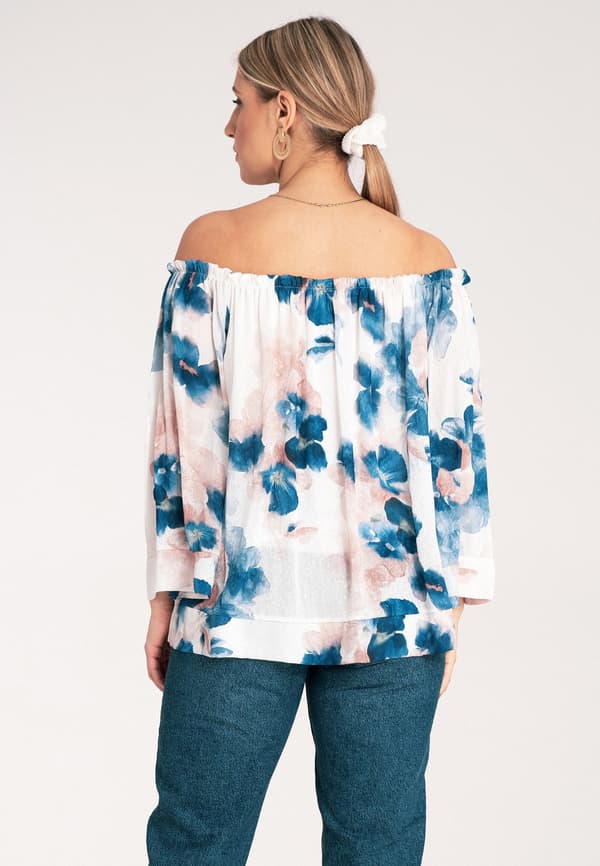 Blomstret bluse med pufærmer - blå størrelse S/M