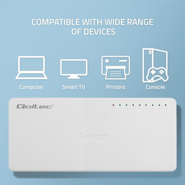 Qoltec ohanterad switch nätverksswitch 8 x RJ45-portar | 100 Mbit/s | Fast Ethernet | LAN