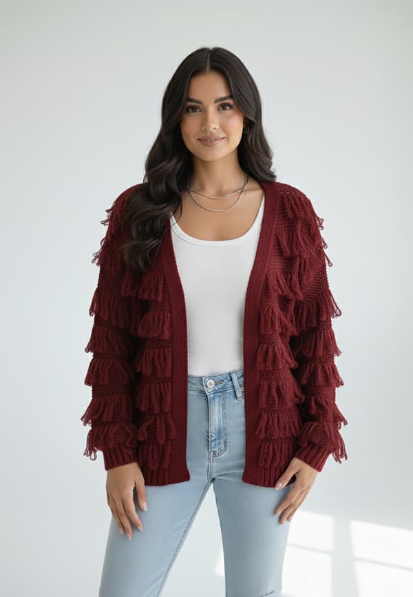 Fransig kofta - elegant damkofta - Vinröd M1259 storlek M