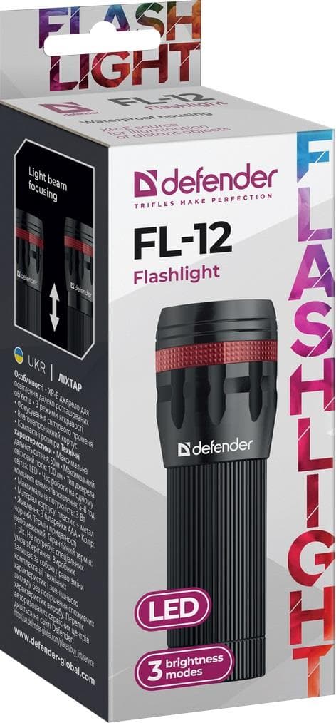 Defender FL-12 lommelygte, XP-E, 3 tilstande, metalhus