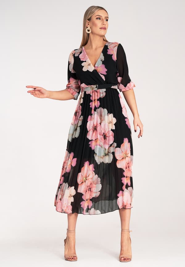 Lang plisseret blomsterklænning til bryllup sort størrelse S/M model M1137
