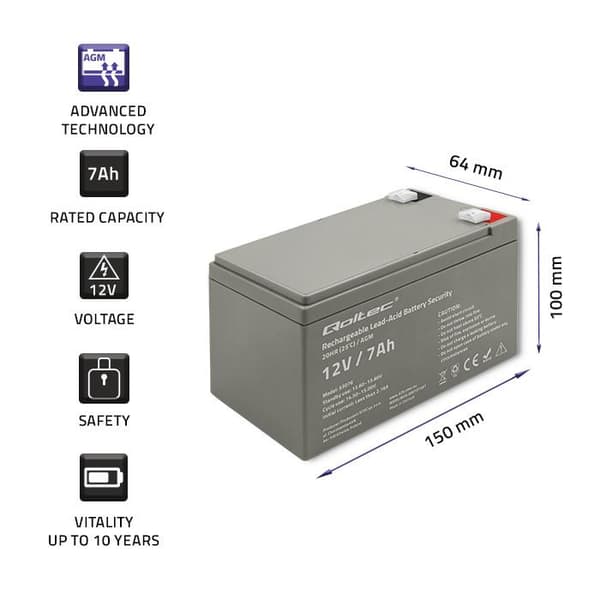 Qoltec 12V AGM-batteri | 7Ah | Sikkerhed