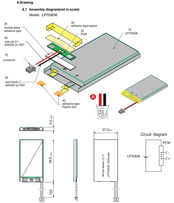 BATTERI Li-Poly 1000mAh 3,7V JST-2-PIN