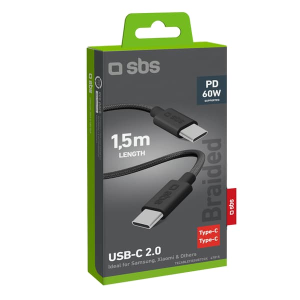 USB-C 60W flätad kabel 1,5m - svart