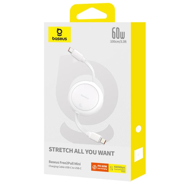 USB-C Free2Pull 60W 1m udtrækkeligt kabel - hvid