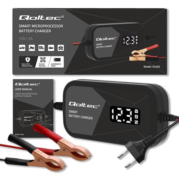 Qoltec Smart mikroprocessoroplader 12V | 2A | AGM GEL batterioplader | LCD