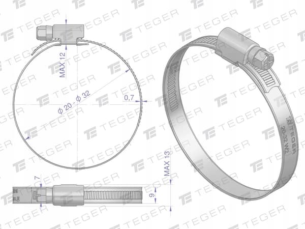 Teger slangeklemme 20-32 mm rustfrit stål 9 mm