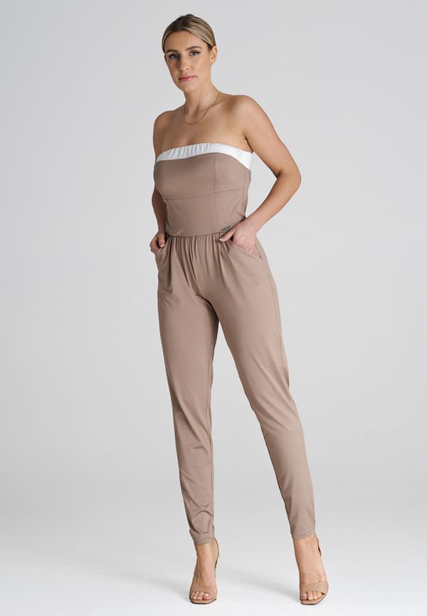 Løs jumpsuit med flæser, beige, størrelse S