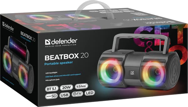Defender BEATBOX 20 Bluetooth Højttaler 20W MP3/FM/SD/USB/AUX/LED Sort