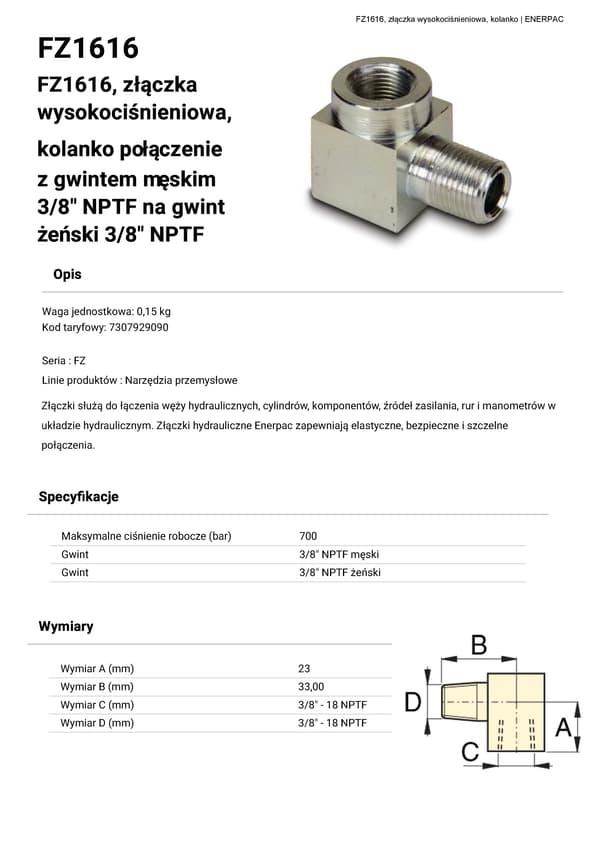 FZ1616 ENERPAC højtryks-albuefitting