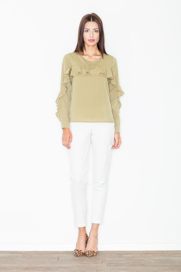 Elegant olivengrøn bluse med flæser størrelse S