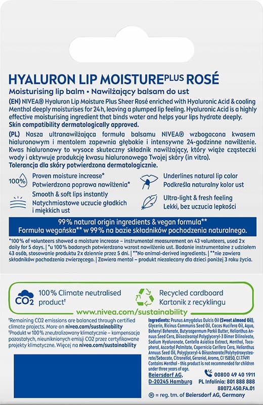 Nivea Hyaluron Lip Moisture Plus rosefugtigmakende læbebalsam 5,2 g