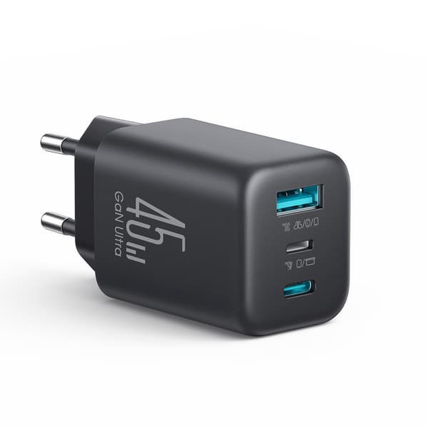 USB-C iPhone Lightning USB-A GaN 45W Vægoplader - Sort