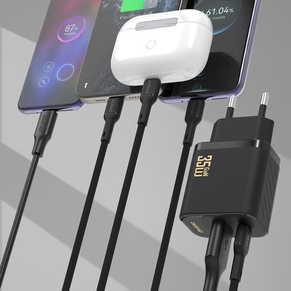 USB-A USB-C vægoplader med USB-C PD QC 35W kabel - Sort
