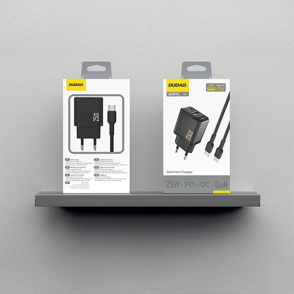 USB-A USB-C vægoplader med USB-C GaN PD QC 25W kabel - Sort