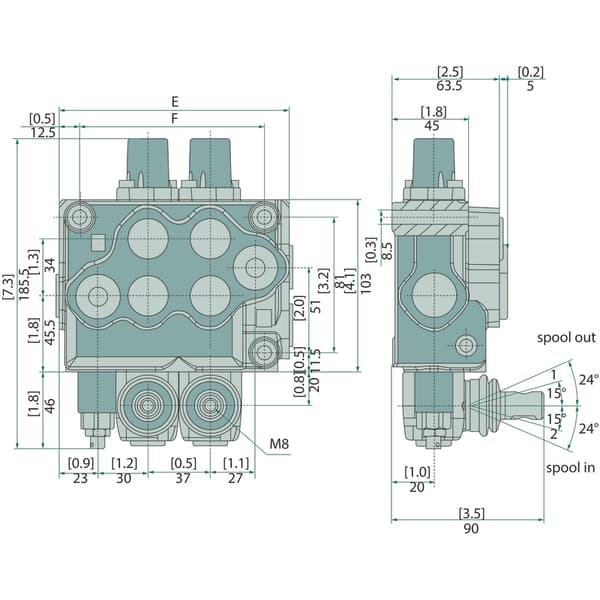 Hydraulisk fordeler 3-sektion 4/3-vejs 45L