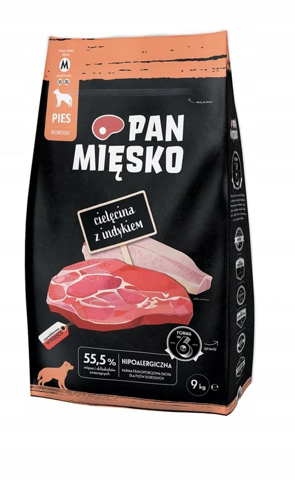 Torrfoder för hundar PAN MIESKO Kalvkött med kalkon M 9 kg
