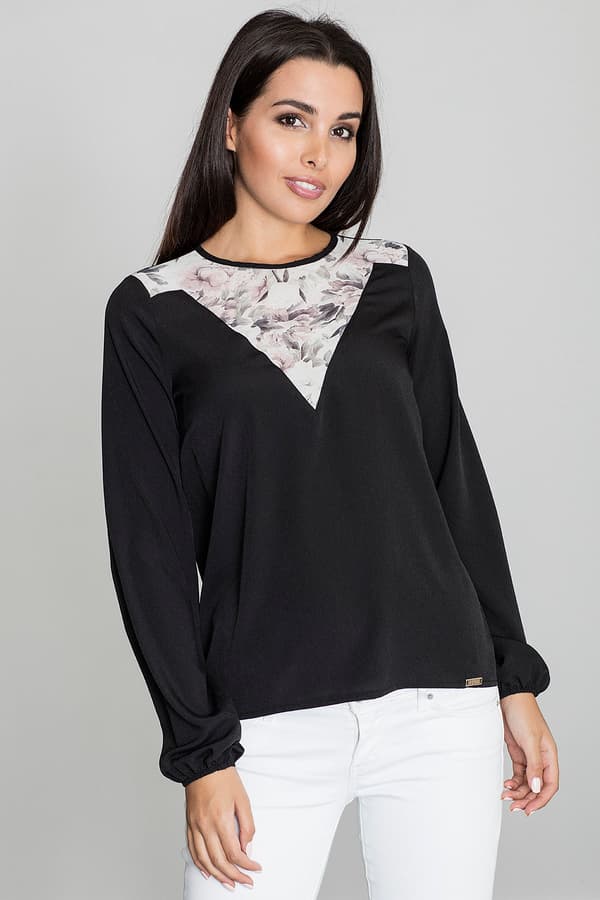 Elegant sort blomstret bluse med halskant størrelse M