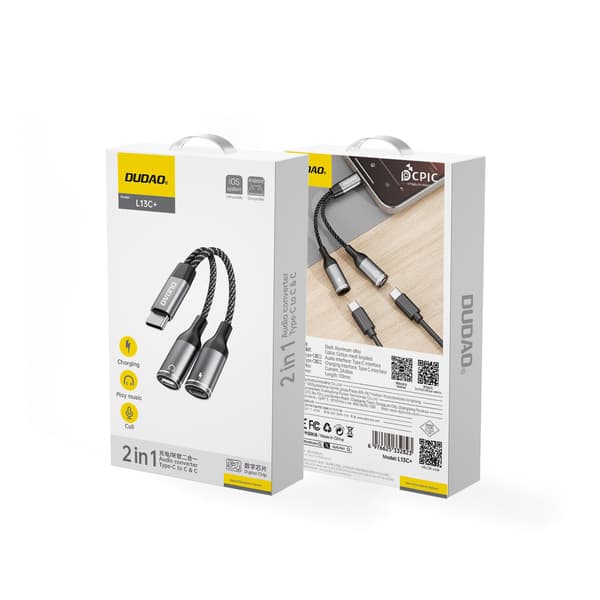 2in1 USB-C -jakoadapteri virralle ja kuulokkeille - harmaa