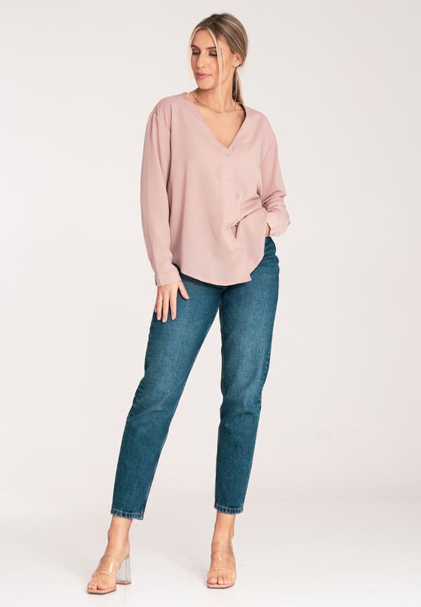 Dam sommerbluse - V-hals bluse - beige - størrelse XL