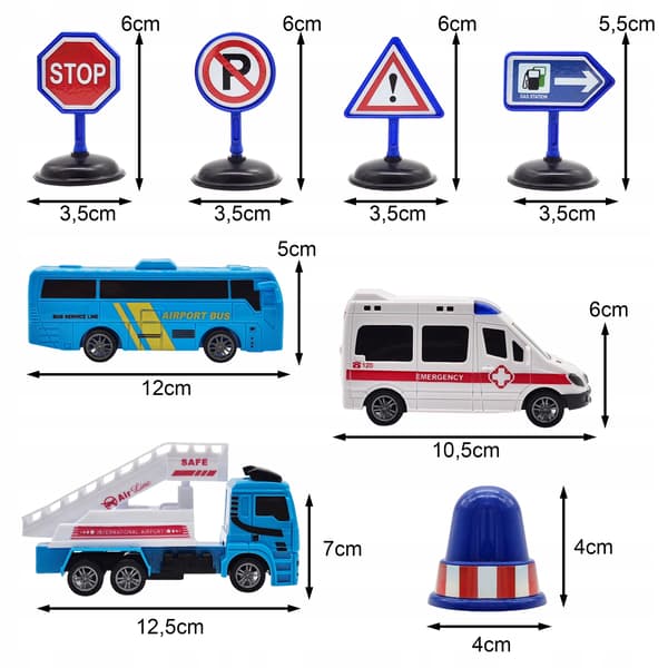 Sæt af køretøjer passagerfly bus ambulance elevatør vejskilte