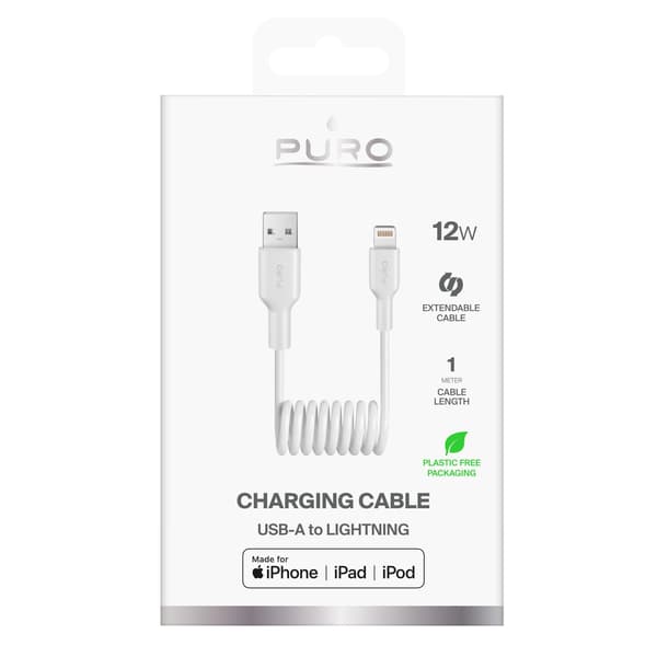 Spiraalikaapeli USB-A - iPhone Lightning 12W 1m - Valkoinen