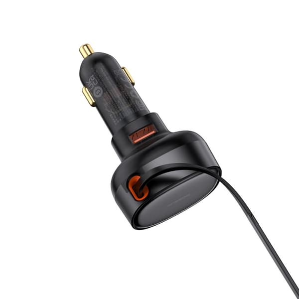 USB-A Biloplader med Udtrækkeligt iPhone Lightning Kabel 55W - Sort