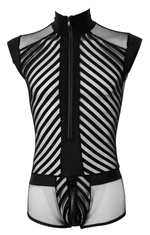 Svenjoyment Herre Mesh Bodysuit med Sorte Stropper og Lynlås XL