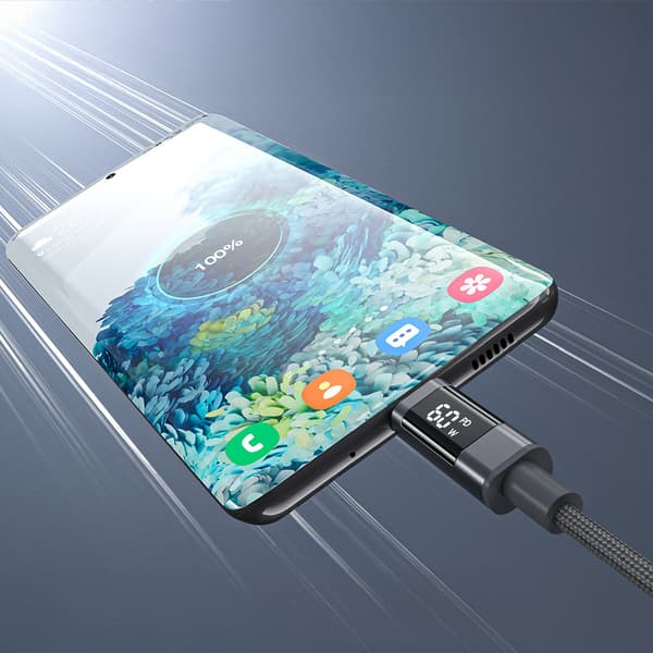 USB-C-kabel med skærm PD 60W 1,2m - Sort