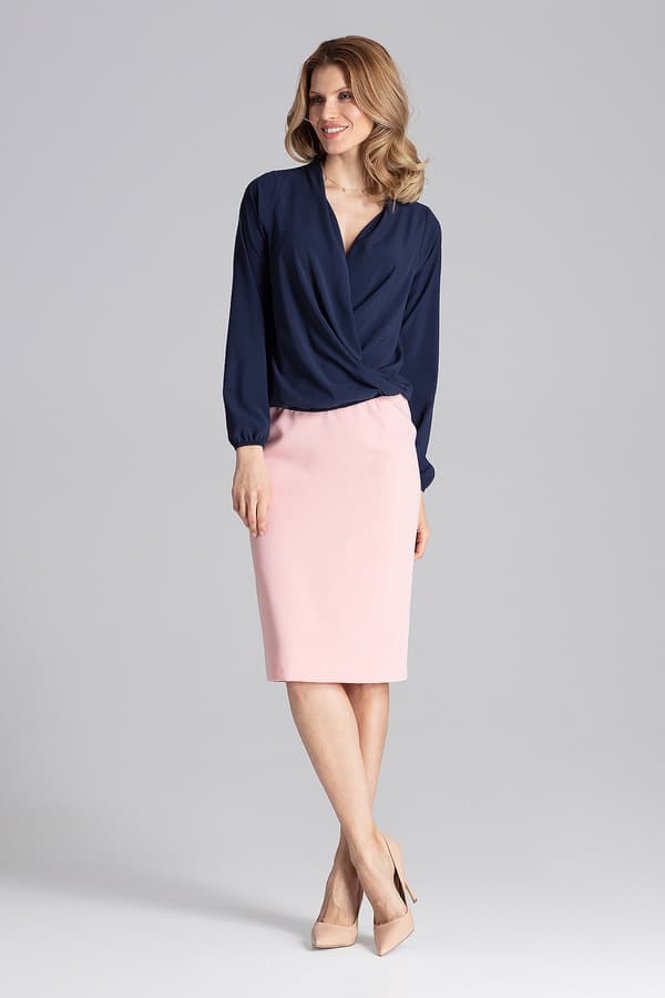 Elegant kuvertbluse - langærmet bluse marineblå størrelse M